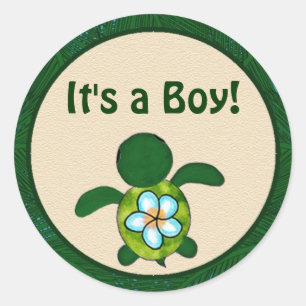 BOY Sea TURTLE Baby Shower (Honu) 02B, Blinddarm # Runder Aufkleber