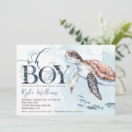 Boy Sea Turtle, Ocean Baby Shower Einladung (Stehend Vorderseite)