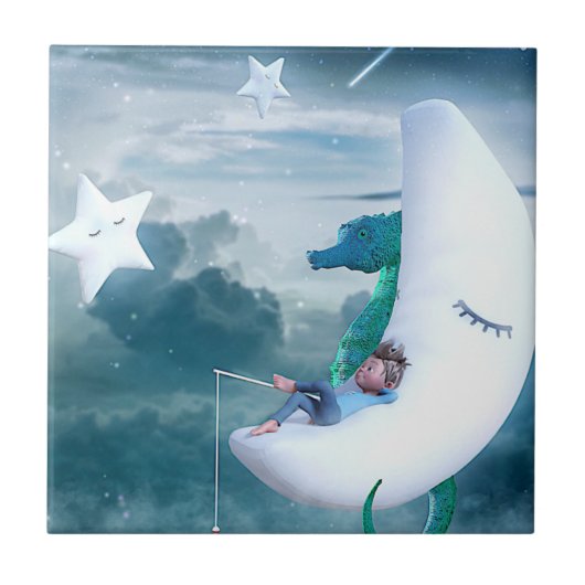 Boy & Seepferd Fischen auf dem Mond Fliese (Vorderseite)