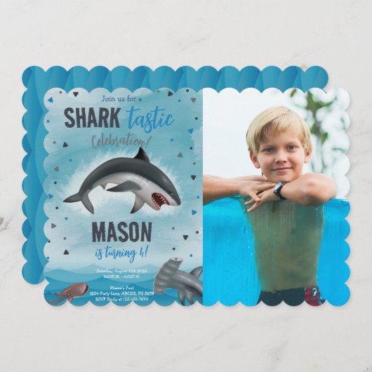 Boy Shark Birthday Shark Tastic Celebration Foto Einladung (Vorne/Hinten)