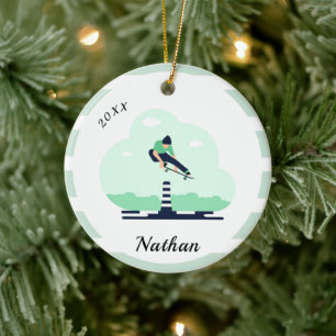 Boy Skateboarding Skater Name & Year Trendy Green Keramik Ornament