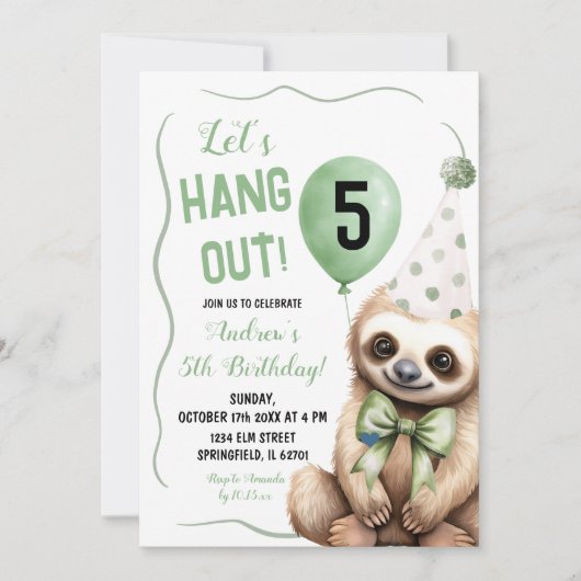 Boy Sloth Green Handzog Geburtstag Einladung (Vorderseite)