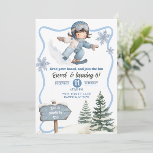 Boy Snowboarding Birthday Einladung (Stehend Vorderseite)