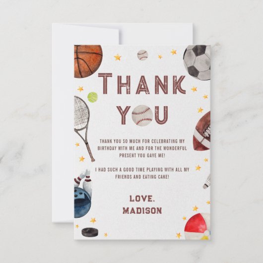Boy Sports Geburtstag Danke Karte (Vorderseite)