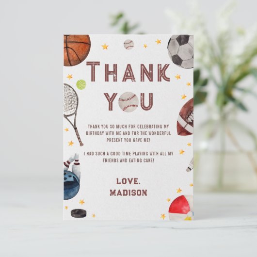 Boy Sports Geburtstag Danke Karte (Stehend Vorderseite)