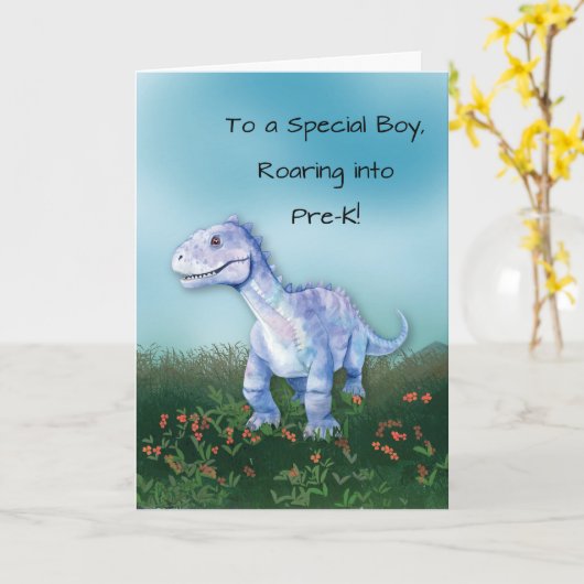 Boy Starting Pre-K Dinosaurier Karte (Gelbe Blume)