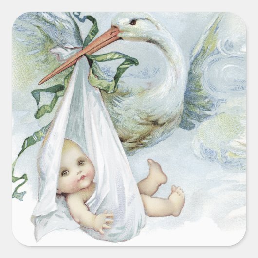 Boy Stork Baby Dusche Pflegeaufkleber Quadratischer Aufkleber (Vorderseite)