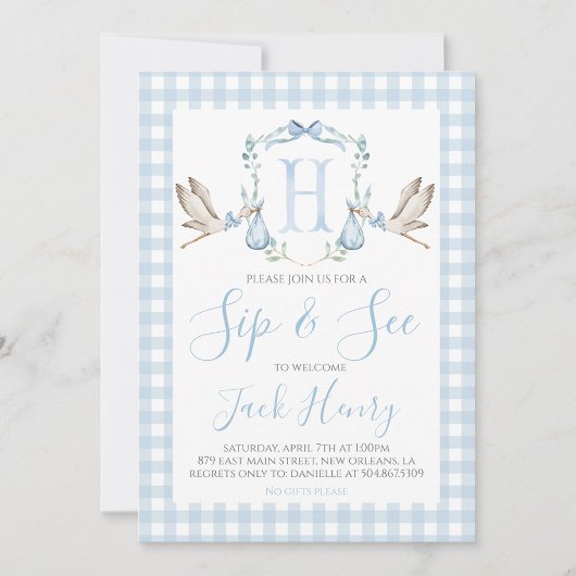 Boy Stork Preppy Gingham Blue Sip & See Einladung