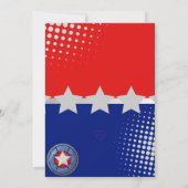 Boy Superhero, red, white, silver & blue birthday Einladung (Rückseite)