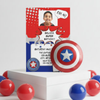Boy Superhero, red, white, silver & blue birthday Einladung