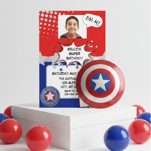 Boy Superhero, red, white, silver & blue birthday Einladung