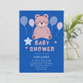 Boy Sweet Teddy Bear Blue Balloon Baby Shower Einladung (Stehend Vorderseite)