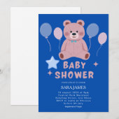 Boy Sweet Teddy Bear Blue Balloon Baby Shower Einladung (Vorne/Hinten)