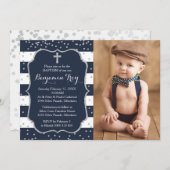 Boy Taufe Einladung Foto Card Navy Silver (Vorne/Hinten)