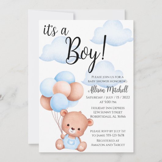 Boy Teddy Bear Baby Shower Einladung (Vorderseite)