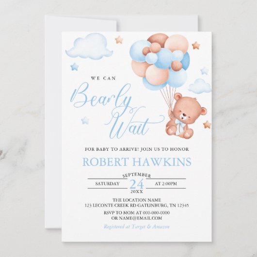 Boy Teddy Bear Balloon Baby Wait Baby Shooter Einladung (Vorderseite)