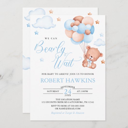 Boy Teddy Bear Balloon Baby Wait Baby Shooter Einladung (Vorne/Hinten)