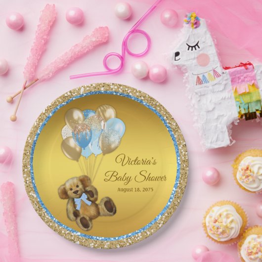 Boy Teddy Bear Balloon Babydusche Teller (Party)