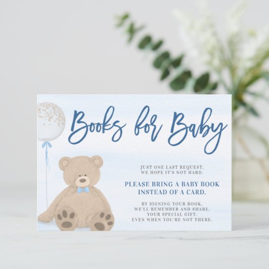 Boy Teddy Bear Blue Ballon Bringen Sie ein Buch Begleitkarte (Stehend Vorderseite)