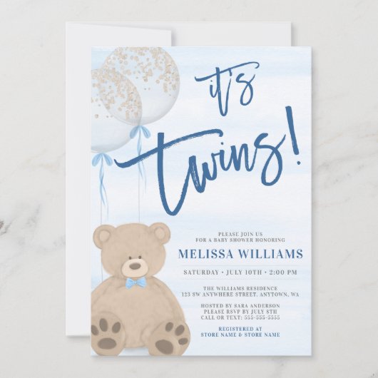 Boy Teddy Bear Blue Ballon Twins Baby Dusche Einladung (Vorderseite)