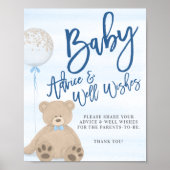 Boy Teddy Bear Blue Balloon Baby Adress Sign Poster (Vorne)