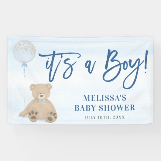 Boy Teddy Bear Blue Balloon Baby Dusche Banner (Horizontal)