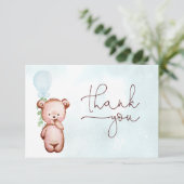 Boy Teddy Bear Blue Balloon Baby Dusche Dankeskarte (Stehend Vorderseite)