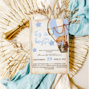 Boy Teddy Bear Blue Heißluftballon Babydusche Einladung