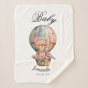 Boy Teddy Bear Blue Hot Air Ballon Babydusche Sherpadecke