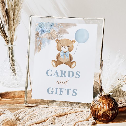 Boy Teddy Bear Boho Blue Cards & Gifts Sign Poster