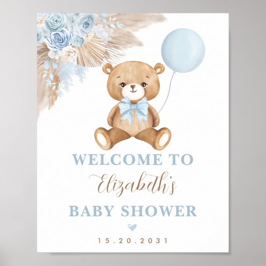 Boy Teddy Bear Boho Blue Floral Pampas Willkommen Poster (Vorne)