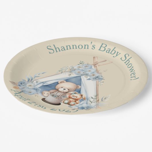 Boy Teddy Bear, Bunny in Teepee Tent Baby Dusche Pappteller (Schrägansicht)