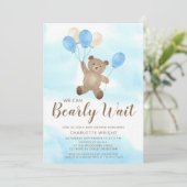 Boy Teddy Bear We Can Bearly Wait Baby Shower Einladung (Stehend Vorderseite)