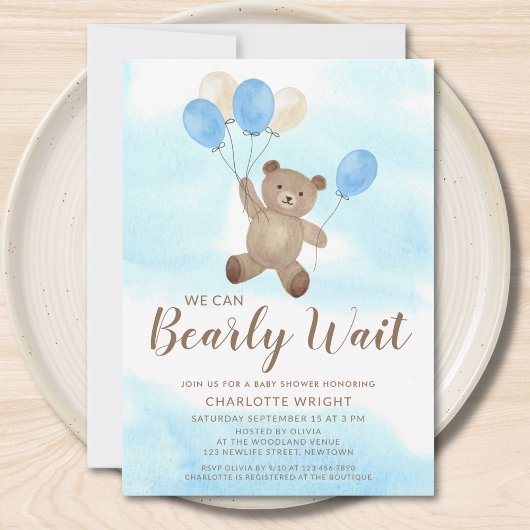 Boy Teddy Bear We Can Bearly Wait Baby Shower Einladung
