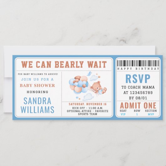 Boy Teddy Bear “We Can Bearly Wait” Baby Shower Einladung (Vorderseite)