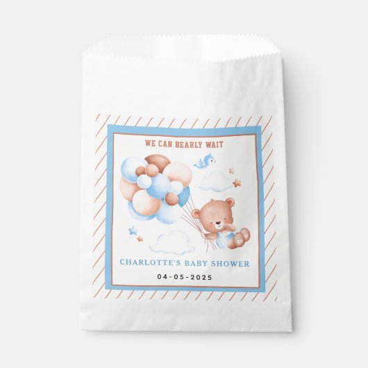 Boy Teddy Bear “We Can Bearly Wait” Baby Shower Geschenktütchen (Vorderseite)