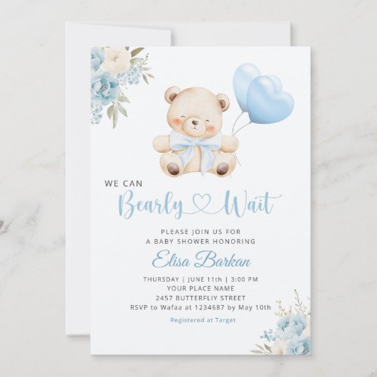 Boy Teddy Bear We Can Bearly Wait blue Baby Shower Einladung (Vorderseite)