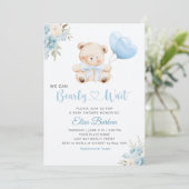 Boy Teddy Bear We Can Bearly Wait blue Baby Shower Einladung (Stehend Vorderseite)