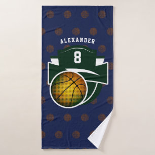 Boy Teen Basketball Sport Grüne Marine Weißer Name Badehandtuch
