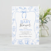 Boy Toile De Jouy Blue Baby Shower Invitation Einladung (Stehend Vorderseite)