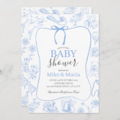 Boy Toile De Jouy Blue Baby Shower Invitation Einladung (Vorne/Hinten)