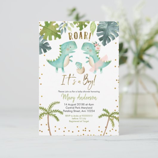 Boy Tropical Dinosaur Dusche einladen Roar Einladung (Stehend Vorderseite)
