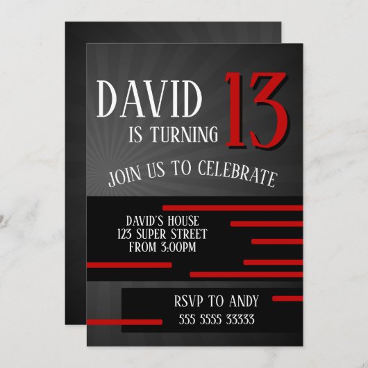Boy Tween Teen Birthday Modern Simple Red Einladung (Vorne/Hinten)