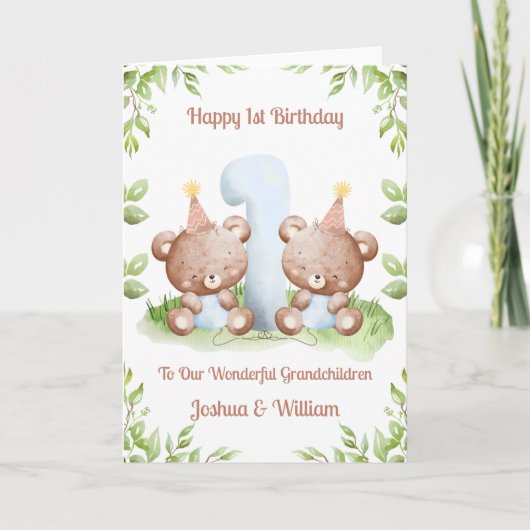Boy Twins 1st Birthday Greenery Teddy Bear Card Karte (Vorderseite)