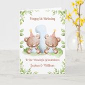Boy Twins 1st Birthday Greenery Teddy Bear Card Karte (Gelbe Blume)