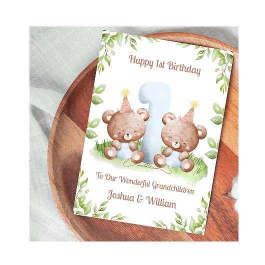 Boy Twins 1st Birthday Greenery Teddy Bear Card Karte