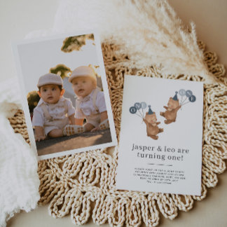 Boy Twins - Bears Party Hats - 1. Geburtstag Foto Einladung