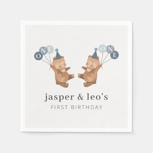 Boy Twins - Bears Party Hats - 1. Geburtstag Serviette (Vorderseite)