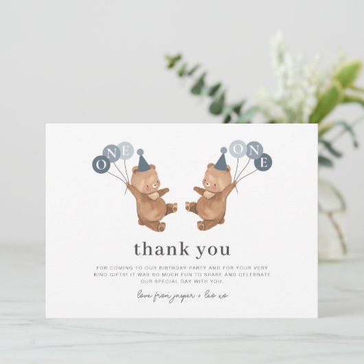 Boy Twins - Bears Party Hats - Danke Karte (Stehend Vorderseite)