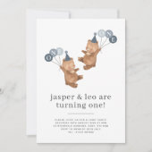 Boy Twins - Bears Party Hats - Joint 1st Birthday Einladung (Vorderseite)